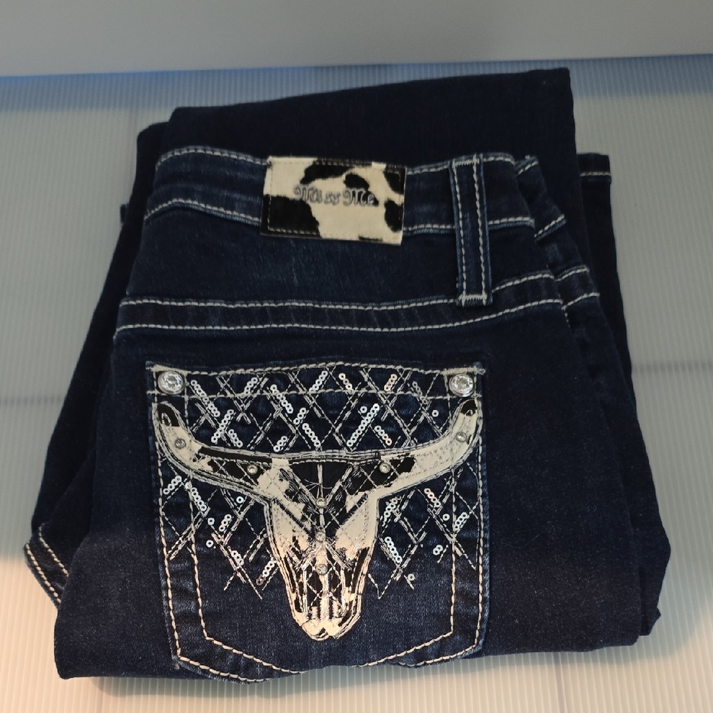 Miss Me Dark Blue Jeans with White Embroidery